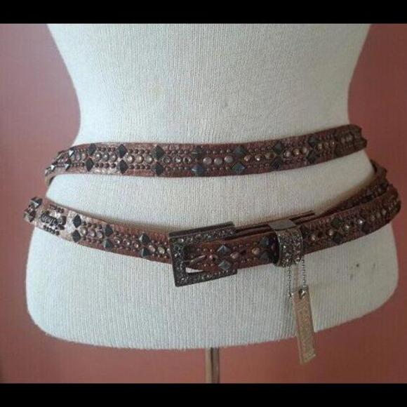 Kippys Sz 36 Ladies Western Belt Swarovski Crystals Bronze Studs Double Wrap New - Picture 1 of 9